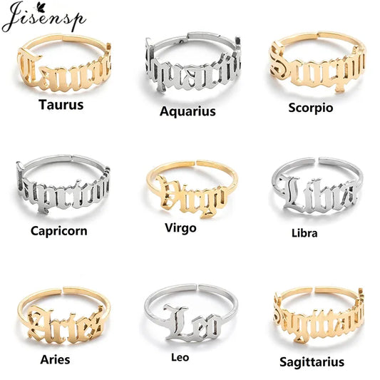 Personalize Star Zodiac Sign 12 Constellation Ring Astrology Gemini Taurus Aries Old English Rings for Women Fashion Jewelry