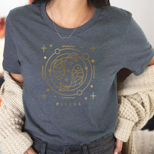 Pisces Gold Zodiac Sign shirts for women, harajuku Constellation Astrology graphic t shirts, given to her Gift 100% cotton Tees.